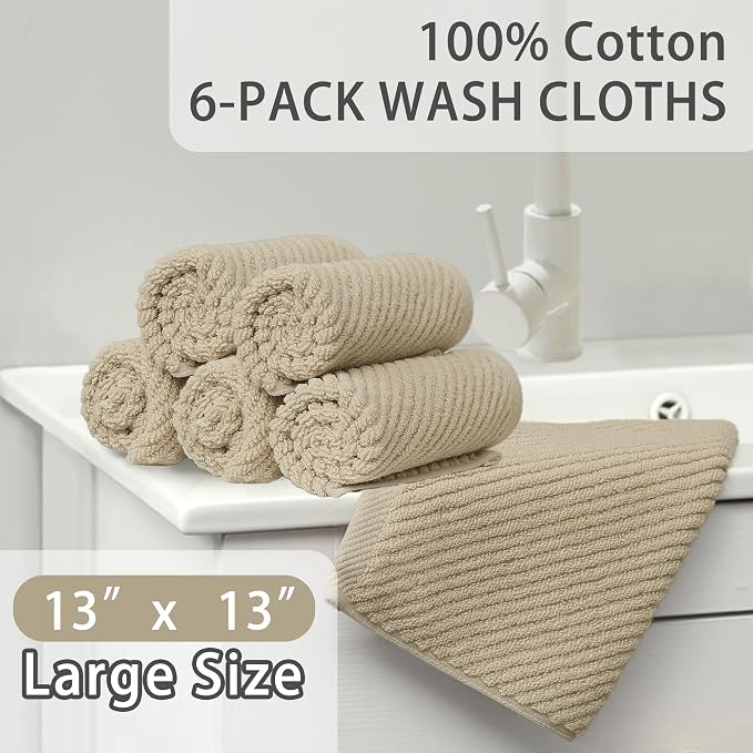 VOOVA & MOVAS Face Cloths 6PC, 100% Cotton, 13x13 in, Dark Tan Beige | Thick, Quick Dry, Soft, Absorbent, Wash Cloths For Showering & Bathroom, Bathroom Essentials
