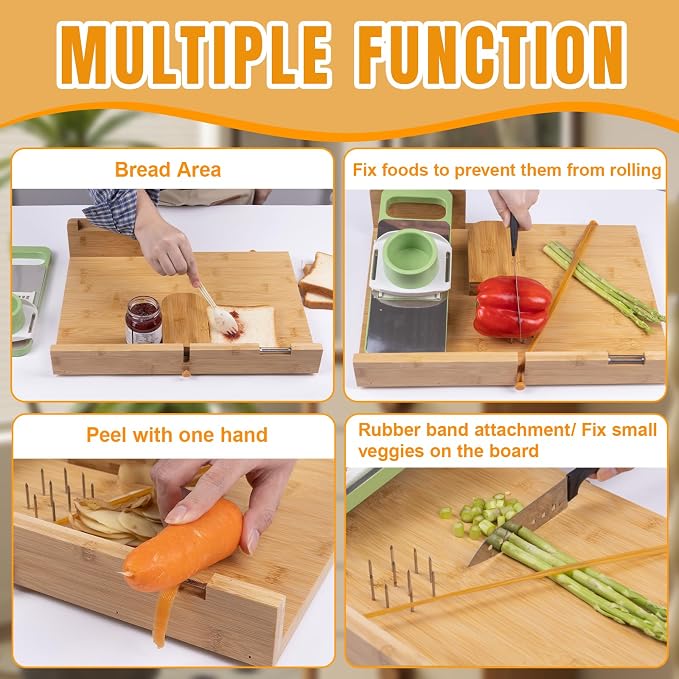 Adaptive One-Handed Cutting Board,with Bread Stops,Rubber Band Attachment,Steel Spikes,Replaceable Grater,Anti-slip Bottom - Perfect for One-handed Person & Disabled