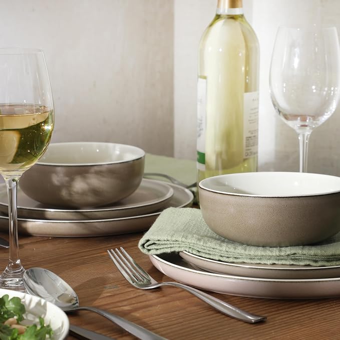 Gibson Elite Island Bay 12-Piece New Bone China Dinnerware Set Service for 4, Reactive Glaze Plates and Bowls, Dishwasher and Microwave Safe, Cream and Green