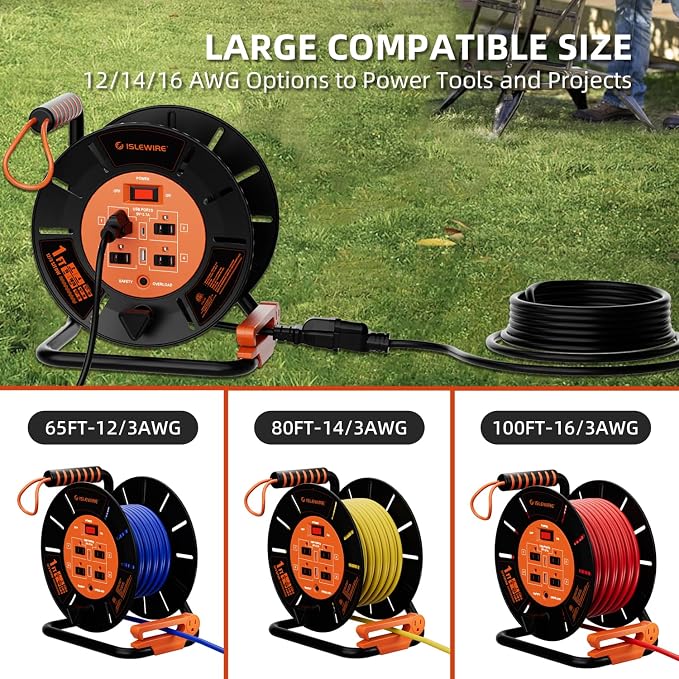 Extension Cord Storage Reel with 4-Grounded Outlets & 2 USB Ports, Heavy Duty Open Cord Reel for 12/3,14/3,16/3 Gauge Power Cord, Hand Wind Retractable, 15A Circuit Breaker, ETL Listed, Orange