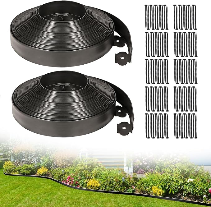 2 Inch Tall 100 FT Garden Edging Kit with 120pcs Spikes, Plastic Edging for Landscaping