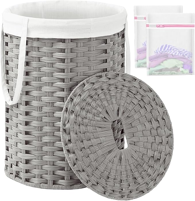 SETVSON Laundry Hamper with Lid Laundry Basket with Lid 19.0 Gal, Gray | Round Clothes Organizer with Lid, Removable Inner Liner Bag with Handles, 2 Mesh Wash Bags, Easy 5-Minute Assembly