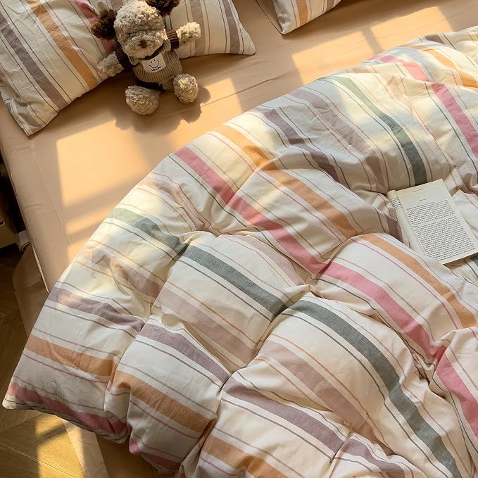 mixinni Vintage Striped Duvet Cover Set King, 3-Piece 100% Washed Cotton Bedding Set - Soft & Breathable Colorful Comforter Cover with Zipper, All-Season Lightweight Bed Set for Cozy Home