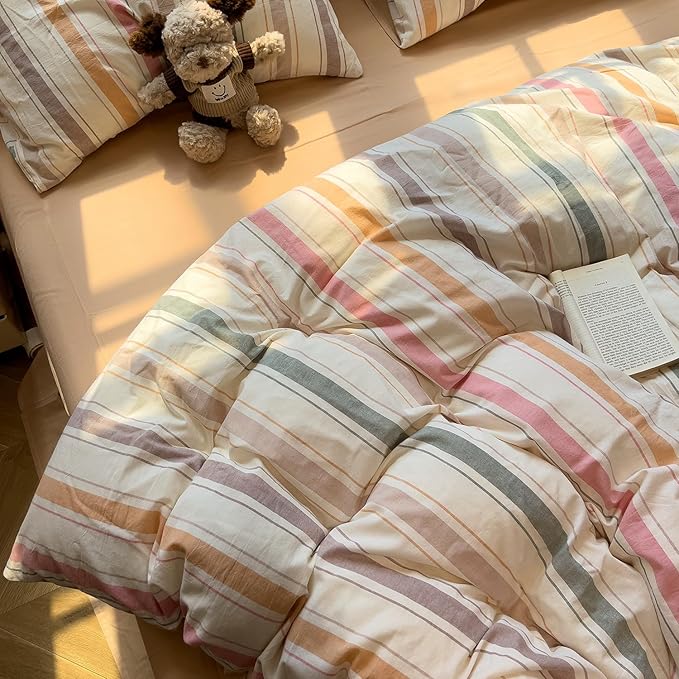 mixinni Vintage Striped Duvet Cover Set Twin Size, 3-Piece 100% Washed Cotton Bedding Set - Soft & Breathable Colorful Comforter Cover with Zipper, All-Season Lightweight Bed Set for Cozy Home