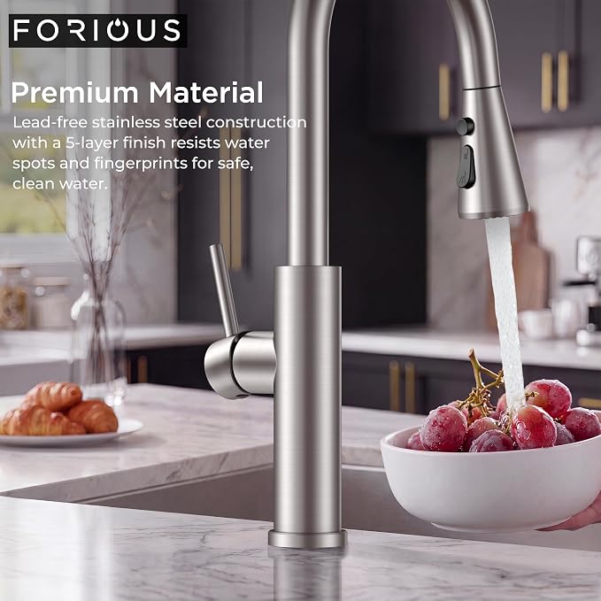 FORIOUS Kitchen Faucet with Pull Down Sprayer, High Arc, Brushed Nickel | Stainless Steel Single Handle Kitchen Sink Faucet 1 or 3 Hole, Suitable for Farmhouse, Camper, Laundry Room, Rv, Outdoor