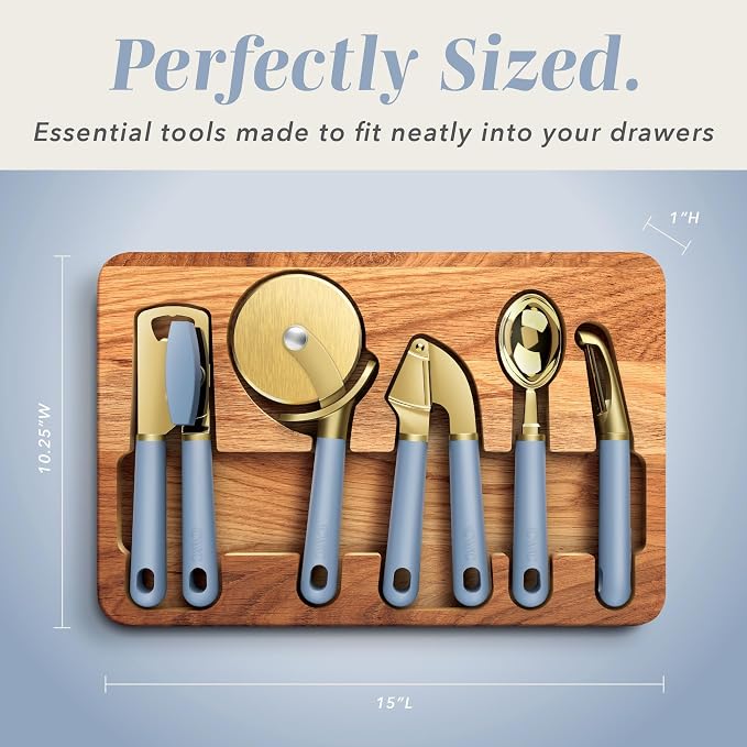 COOK WITH COLOR 6-Piece Kitchen Tool Set with Acacia Wood Cutting Board, Can Opener, Pizza Cutter & Prep Essentials, Blue