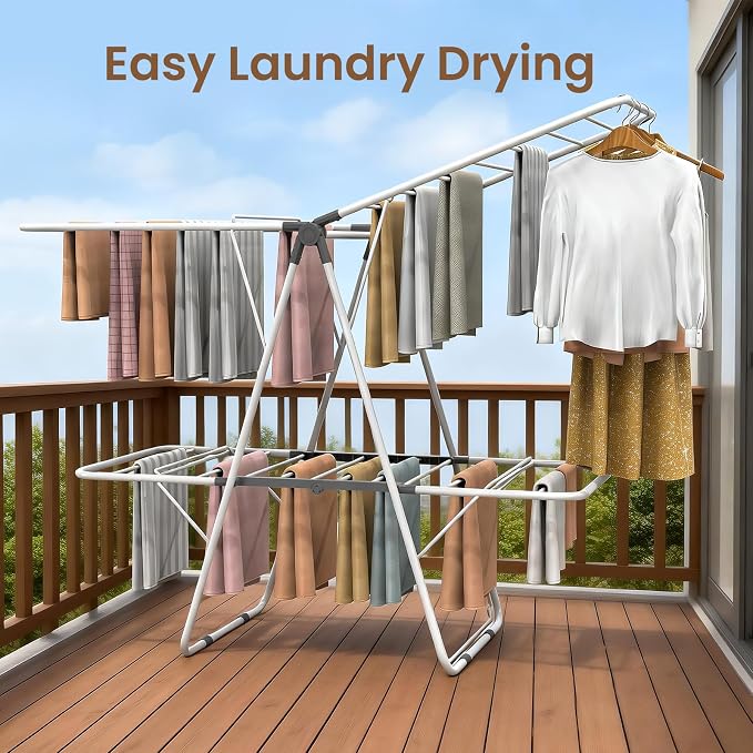 Clothes Drying Rack, 2-Tier Foldable Laundry Dryer Rack, Metal Height Adjustable Clothes Rack, for Outdoor & Indoor, with 31 Drying Rails, 59" L × 23.8" W
