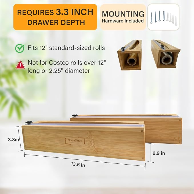 Wrap Organizer Dispenser with Cutter, (2 Piece Set), Fits 12" Rolls, Plastic Wrap, Aluminum Foil, Wax Paper, Saran Wrap, Cling Wrap Holder for Kitchen Storage, Mountable, Bamboo