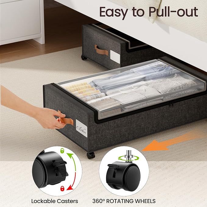 Yecaye 82L Under Bed Storage Containers, Fits 9.4" Under Bed, 2 Pack, Grey | XXL Capacity, 360° Rolling Wheels, Sturdy Metal Frame, Clear Window & Label, Storage Bins for Clothes, Blankets, Shoes