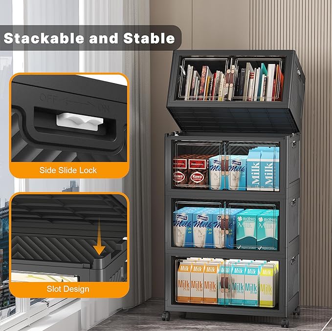 Stackable Storage Bins, 440QT Collapsible Drawers with 2 Lids | Large Capacity, Magnetic Door, Stack Lock, Rolling Wheels, Foldable Design, Organizers and Storage for Bedroom Dorm Garage