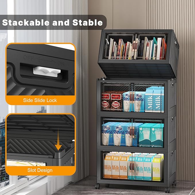 Stackable Storage Bins, 220QT Collapsible Drawers with 1 Lid | Large Capacity, Magnetic Door, Stack Lock, Rolling Wheels, Foldable Design, Organizers and Storage for Bedroom Dorm Garage