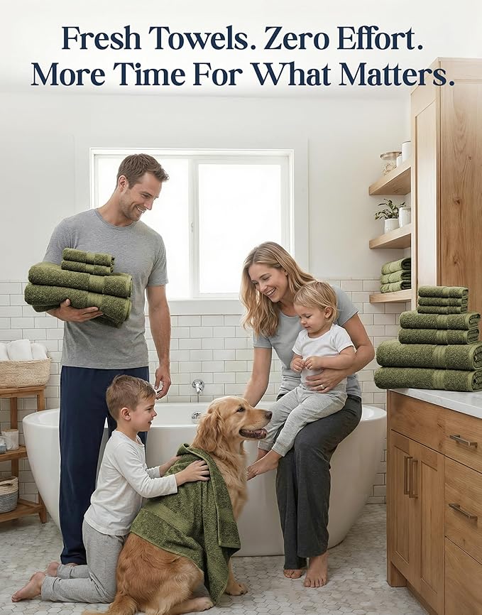 LANE LINEN Large Bath Towel Set Absorbent Quick Dry 100% Cotton - Oil Green | Soft Cotton Towels - Fade-Resistant Color, Classic Terry Weave, Densely Woven & Durable, Easy-Care, Coordinated Colors