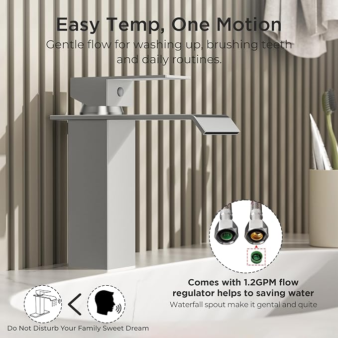 FORIOUS Bathroom Faucet Brushd Nickel Modern Waterfall Bathroom Sink Faucet 1 or 3 Hole Single Handle with Deck Plate and Drain, Suitable for Vanity Rv Camper Commerical
