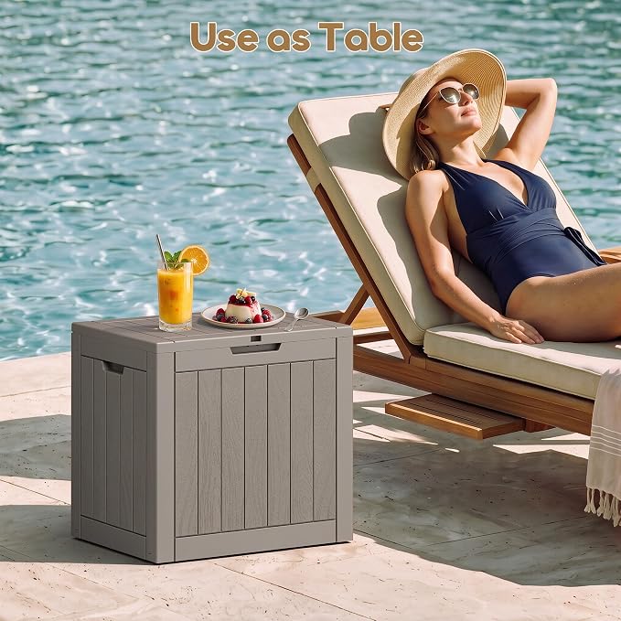 NUNU LAB 35 Gal Outdoor Storage Box Waterproof Lockable,Deck Box,Grey | Waterproof Outdoor Storage Box, Lockable Lid Deck Box for Package Delivery, Backyard Bin for Garden Tools, Patio Cushion