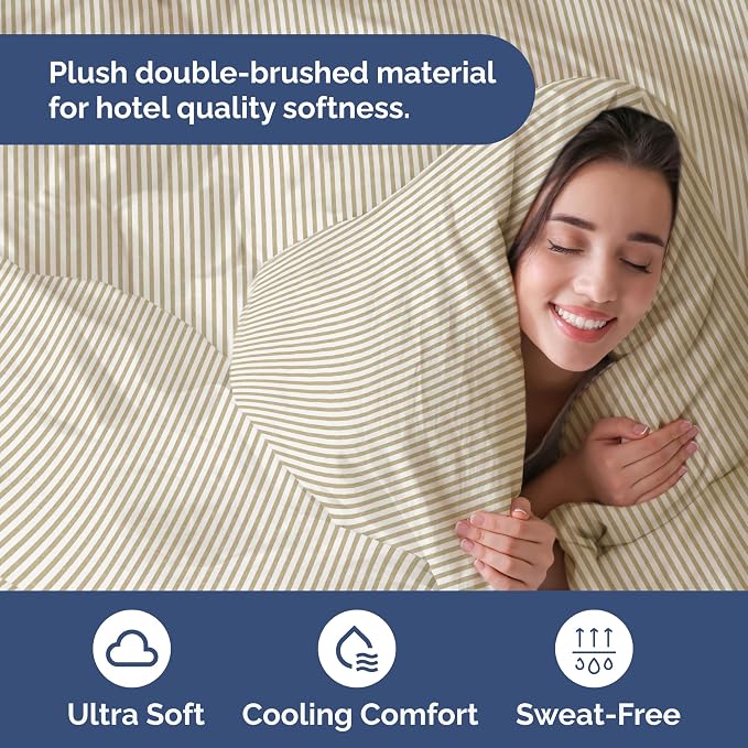 Duvet Cover Queen Size Set - Extra Soft Queen Size Duvet Cover 90 x 90 with 2 Pillow Shams - Hotel Luxury Easy Care & Fade Free w/Zipper Closures & Ties - Comfy Breathable Bedding Set (Beige Stripes)