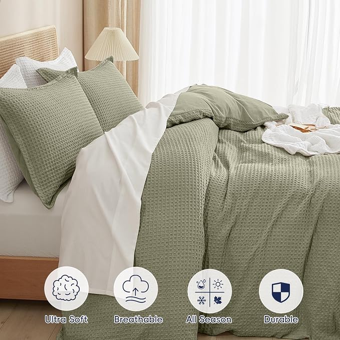 PHF Waffle Duvet Cover Set King Size, No Snagging Ultra Soft Luxury Textured Breathable Comforter Cover for All Season 3pcs, Durable Bedding Duvet Set with 2 Pillow Shams, 104"x90", Dusty Sage