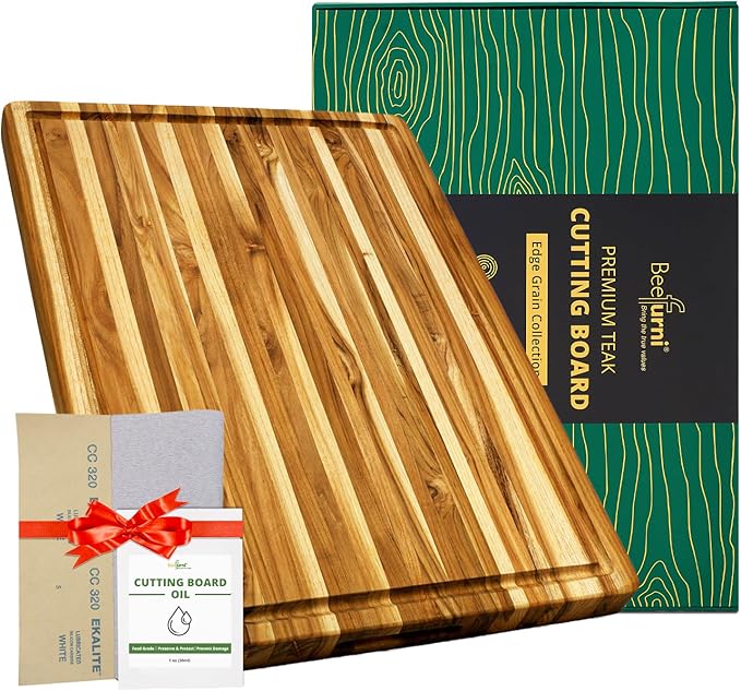 Large Teak Wood Cutting Board with Juice Groove (24x18x1.5", XL) | Durable extra large wooden cutting board for kitchen, butcher block, serving board, charcuterie platter. Gift box included