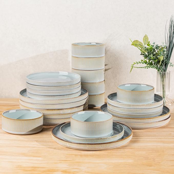 TheTerra Ceramic Dinnerware Sets for 8, 24 Pieces Porcelain Lightweight Plates and Bowls Sets, Scratch Resistant Dish Set, Oven & Microwave & Dishwasher Safe,Illusion Blue