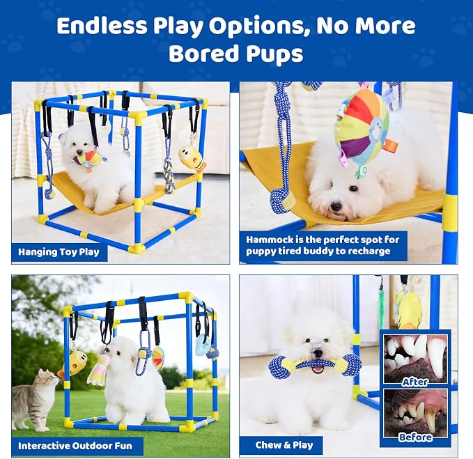 Puppy Play Gym with 12 Hanging Toys, 2-in-1 Dog Play Gym & Hammock, Adjustable Puppy Enrichment Toys for Small Dogs/Cat, Interactive Activity Center, Indoor Playground for Teething (23.6")