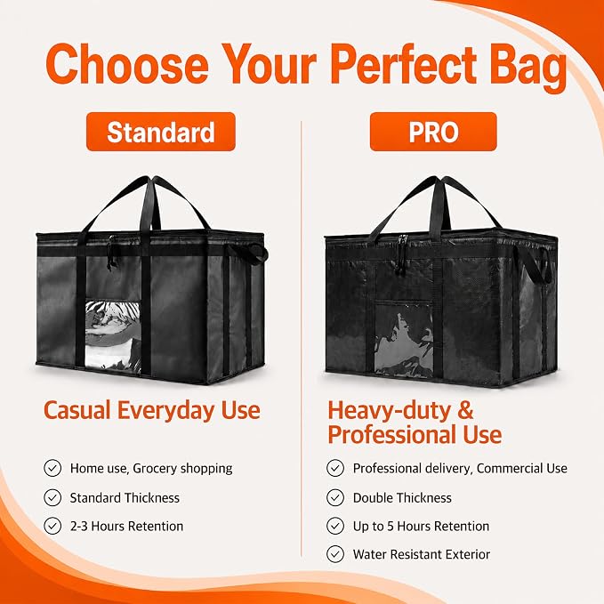 Insulated Food Bag, Portable Cooler Tote (Medium, Black, 1 Pack) | Thermal bag, For cold and hot food, Soft sided cooler, Heavy duty 3-layered tote, Grocery shopping, Beach or travel bag