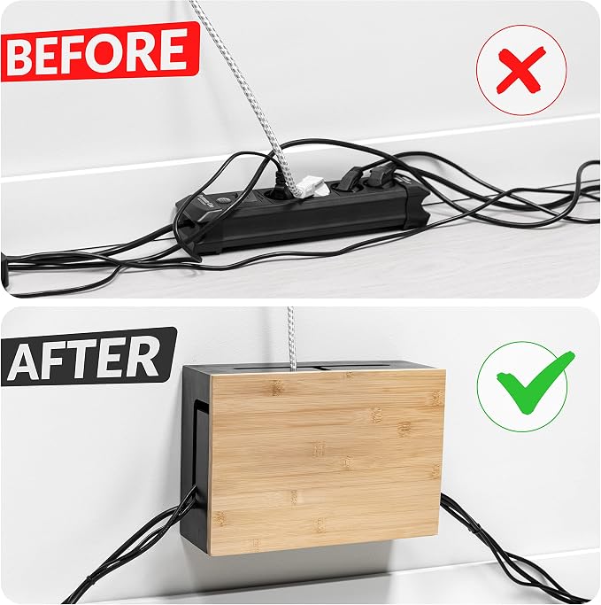 Bamboo Cable Management Box with Magnetic Lid - 12,6x7,8x4.3 in - Durable Cable Organizer to Hide Cords & Power Strip - Wall Mountable - Including Hardware - for Home, Office, Desk & More (Black)