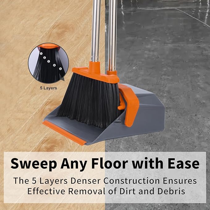 Tiumso Broom and Dustpan Set with 51'' Long Handle, Upright Broom and Dustpan Combo for Home Kitchen Office Restaurant Garage Lobby Dog Cat Pets Hair - Grey and Orange