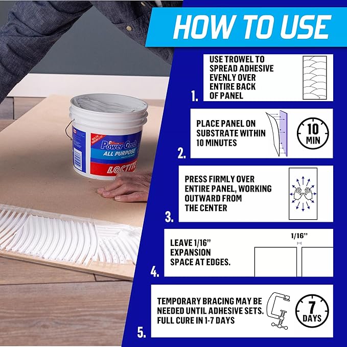 Loctite Power Grab Express All Purpose Construction Adhesive, White, 1 Gallon Pail, 1 Pack - Versatile Construction Glue for Cement, Tile, Wall & More