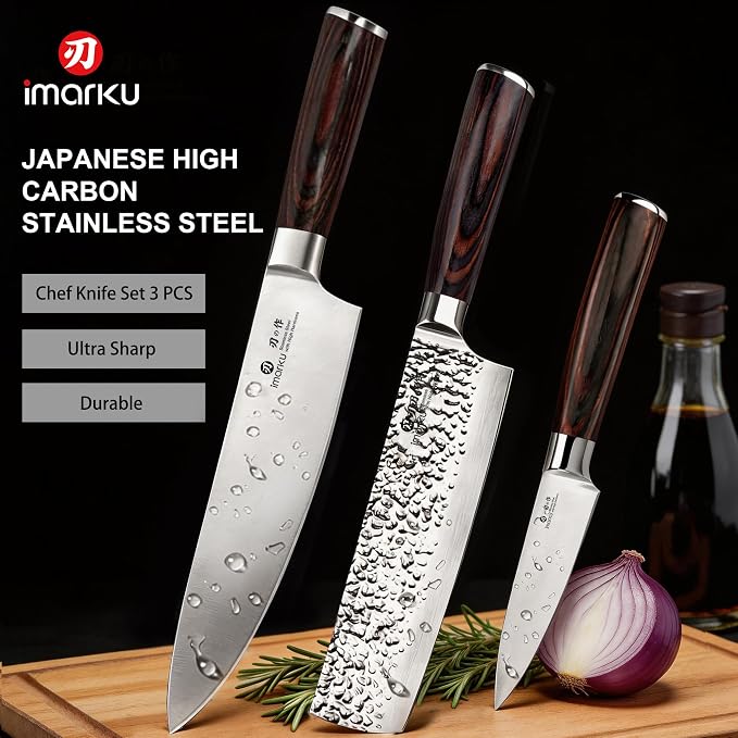 imarku 3 Pieces Knife set, Japanese HC Stainless Steel Kitchen Knife Set, Professional Chef Knife Set With Ergonomic Pakkawood Handle, Ultra Sharp Knives Set for Kitchen & Home Cooking, Gifts Box