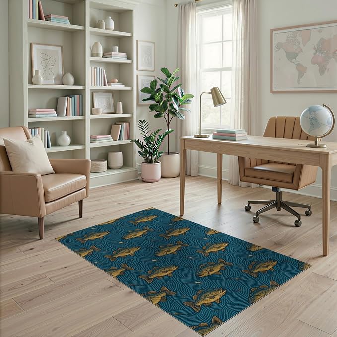 4'x6' Washable Area Rug Bass Sporting Tackle Lure Wave Motif Border Angler Fish Fishing Refined Pet Friendly & Non-Slip for Playroom, Bedroom, Reading Nook