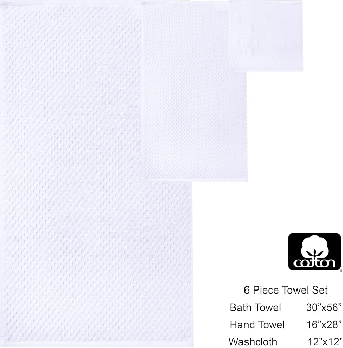 COTTON CRAFT Euro Spa Waffle Weave 6 Piece Towel Set - 100% Cotton - White | 2 Oversized Luxurious Large Bath Towels, 2 Hand Towels, 2 Washcloths - Soft Plush Super Absorbent Low Lint Quick Dry