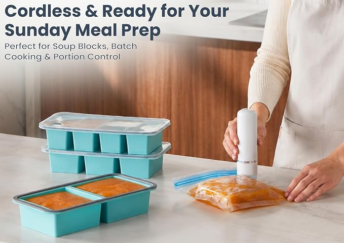 Silicone Freezer Trays Bundle with Vacuum Sealer & 30 Bags | Meal prep bundle, Handheld vacuum sealer, 30 reusable bags, 1-cup & 2-cup silicone freezer trays, Stackable alloy frame