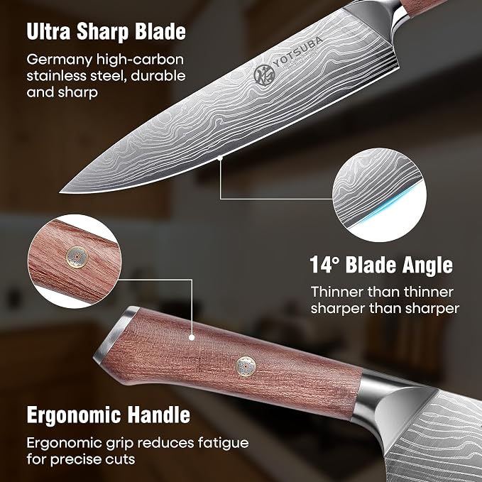 YOTSUBA 3 PCS Japanese Kitchen Knife Set, Razor Sharp High Carbon Stainless Steel Chef Knives with Ergonomic Natural Rosewood Handle, Premium Gift Box for Home & Restaurant Use