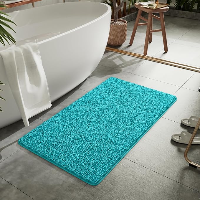LOCHAS Luxury Bathroom Rug Shaggy Bath Mat 24 x 44 Inch, Teal Blue | Washable Non Slip Bath Rugs for Bathroom Shower, Soft Plush Chenille Absorbent Carpets