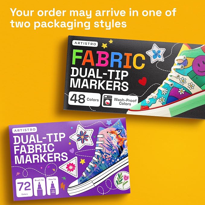 ARTISTRO 72 Dual-Tip Fabric Markers Decorating Kit, Permanent for Clothes | Brush & Fine Tip, Acrylic Paint Pens for Sneakers, Bags, Shoes, Textiles, Canvas, Sewing, Craft, & DIY
