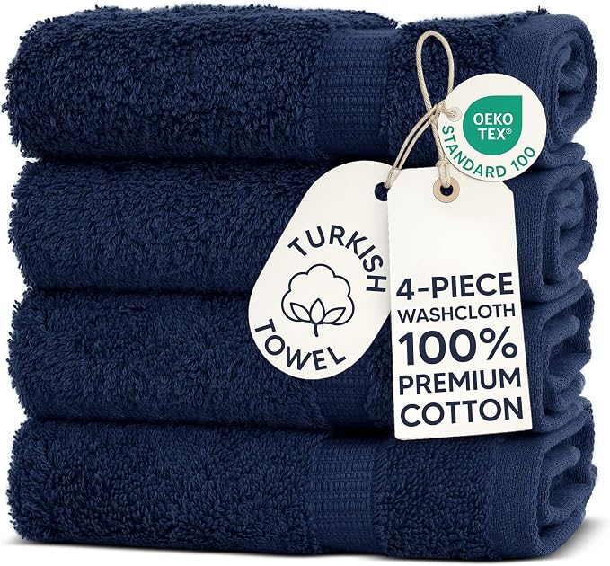 Chakir Turkish Linens | Hotel & Spa Quality 100% Cotton Premium Turkish Towels | Soft & Absorbent (4-Piece Washcloths, Navy)