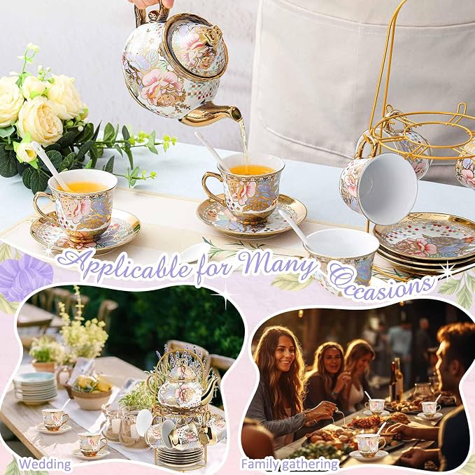 Zhehao 20 Pcs Porcelain Tea Set with Metal Holder and Spoon Adult Ceramic Tea Set European Flower Painting Teapot Cup Saucer Spoon for Women Mom Gift, Large Version (Rustic Style)