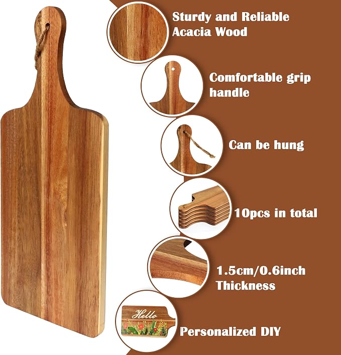 12 Packs Acacia Wood Cutting Board,12 x 6 Inch Plain Chopping Board with Handles Serving Board Wooden Kitchen Cutting Board Bulk with Rope and Plaid Ribbon for Vegetables Meat Pizza Cheese Fruit Bread