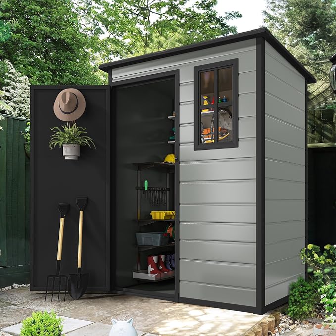 DWVO 5x3 FT Outdoor Storage Shed with Reinforced Floor, All-Weather Resin Storage Shed with Lockable Door & Window, Waterproof Plastic Tool Shed for Garden, Backyard, Patio, Lawn,Blue-Gray+Black
