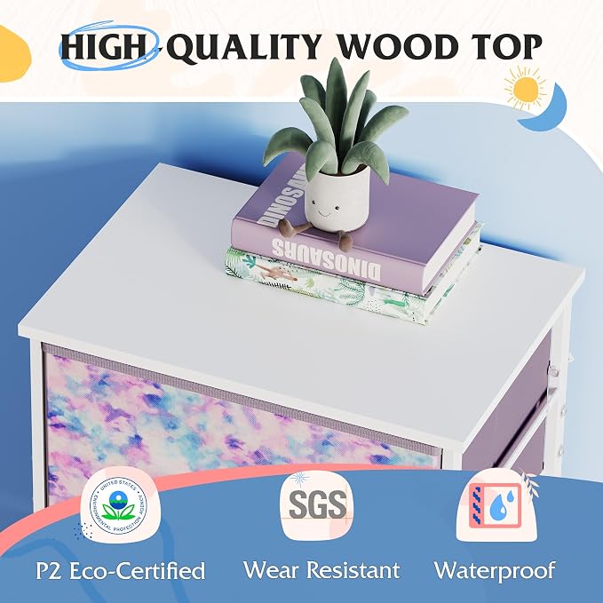 WLIVE Small Dresser Nightstand for Bedroom, 4 Drawers, Tie-Dye | 4 vertical fabric drawers, Space-saving tower, Bedroom or closet use, Chest of drawers, Dresser for small spaces