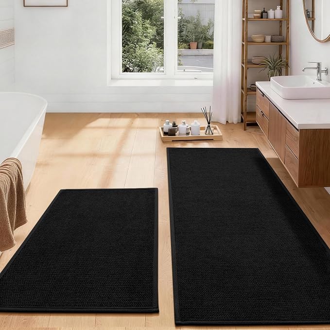 YIHOUSE Long Large Bathroom Rugs Sets 2 Piece, Quick Dry Thin Bath Mat, Non Slip Absorbent Machine Washable, Bath Runner Rug for Tub Sink Home Decor (24"x36" + 24"x59",Black)