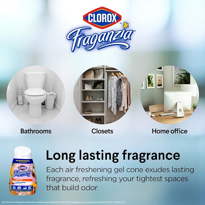 Clorox Fraganzia Gel Air Freshener Cone, Hawaiian Escape Scent - No-Plug, Battery-Free Air Freshener for Small Rooms, Closets, Kitchens, Bathrooms, Offices and More, 6 Ounce - 12 Pack