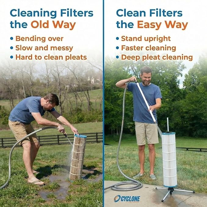 CYCLONE FILTER CLEANER PRO – Patented Hose-Powered Spinning Cartridge Filter Cleaning Tool with Folding Tripod Stand & Pro Tool Bag – Cleans 5X Faster – Fits 3”, 4”, 6” ID Pool Filters