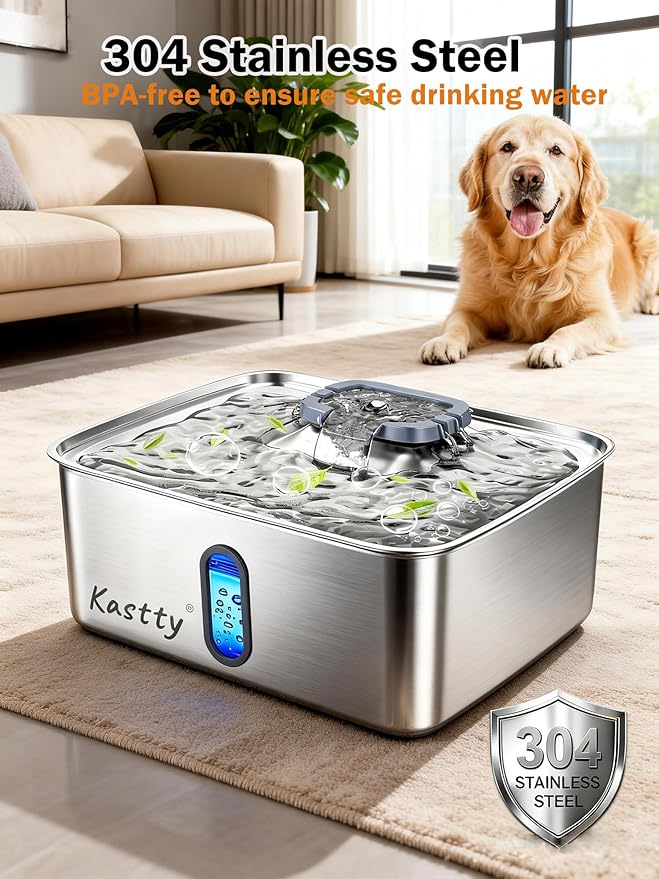 Kastty 3.96 Gal Dog Water Fountain for Large Dogs,15L Stainless Steel Large Pet Water Fountain, Ultra Quiet Automatic Dog Water Bowl Dispenser with Water Level Window and LED Light(FS78,Grey | Large Ultra Quiet Pet Water Fountain, Automatic Dog Water B...