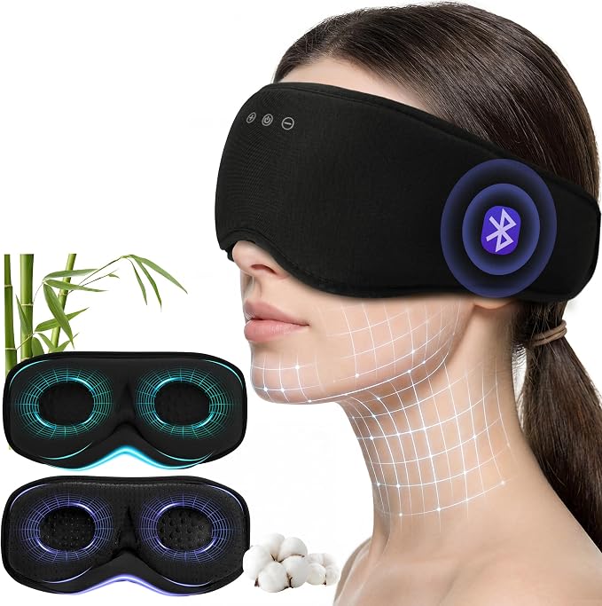 Bamboo Cotton Bluetooth Sleep Mask, 2 in 1 3D Soft Sleep Mask with Sleep Headphones, Sleep Eye Mask with Timming Setting, Blackout Sleeping Mask for Side Sleepers, Women Men, Black (Black)