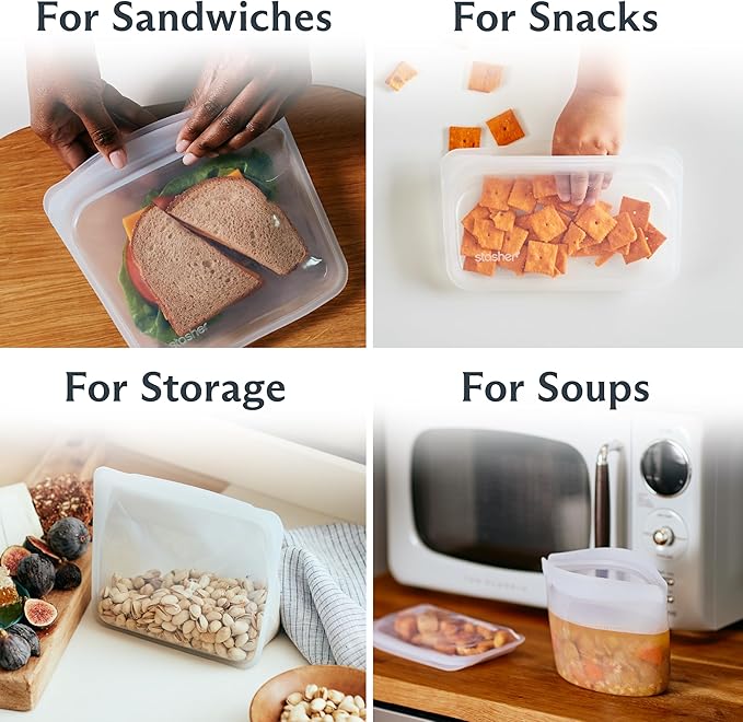 Stasher Premium Reusable Silicone Storage Bags, 4-Pack Starter Kit, Clear | Food-Safe Silicone, Eco-Friendly, Reusable Freezer Bags, Microwave, Dishwasher, Snack Bags, Lunch Containers, Meal Prep