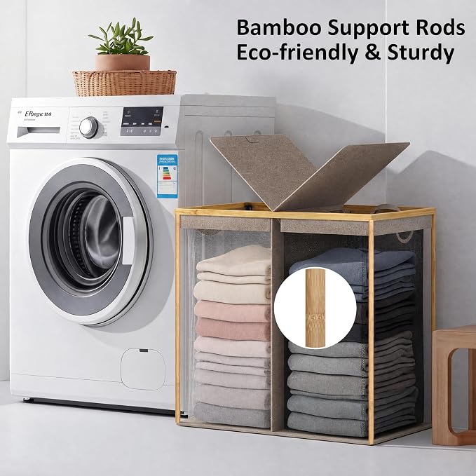 efluky Laundry Hamper with Lid, Double Laundry Basket with 2 Removable Bags, 2 Section Laundry Bin with Bamboo Handles for Bathroom, Bedroom & Laundry Room, 140L (36.9 Gallon) Brown