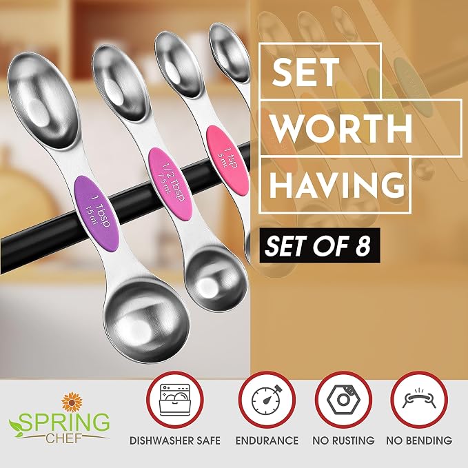 Spring Chef Stainless Steel Magnetic Measuring Cups, Set of 7 & Heavy Duty Magnetic Teaspoon & Tablespoon Measuring Spoons, Set of 8 with Leveler - 2 Product Bundle - Neon