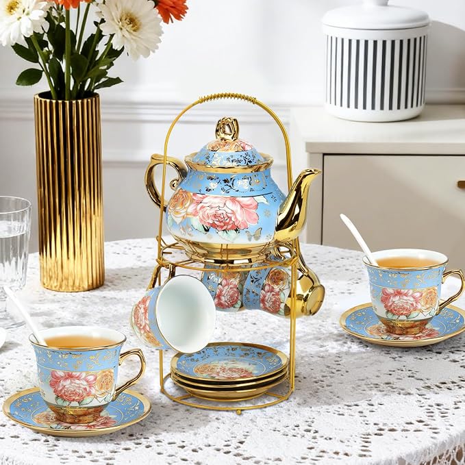 ALIMOTA 20 Pcs Porcelain Tea Set with Metal Holder and Spoon, European Ceramic Tea Set for Adults, European Flower Painting Teapot Cup Saucer Spoon Set for 6, Gift Pack (Blue)