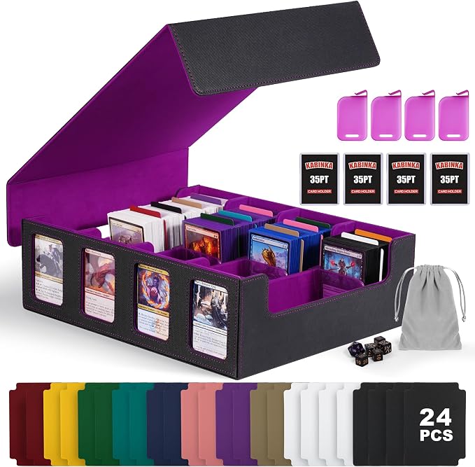 Trading Card Storage Box with Commander Display , 4-Row Deck Case with Removable Lid; 2400+ Card Deck Box for MTG TCG Sports Card, 4 Top Loaders, 4 Stoppers, 24 Dividers,1 Dice Bag (Black Purple)