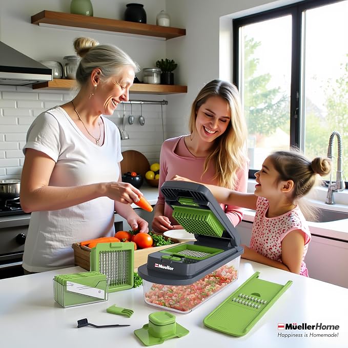 MUELLER HOME Pro-Series 10-in-1, 8 Blade Vegetable Chopper, Onion Mincer, Cutter, Dicer, Egg Slicer with Container, French Fry Cutter Potato Slicer, Home Essentials, Salad Chopper,Gray/Green